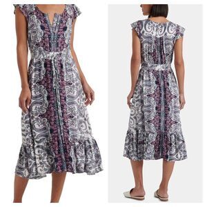 Lucky Brand Felicia Purple Black White Paisley Bohemian Peasant Dress Medium